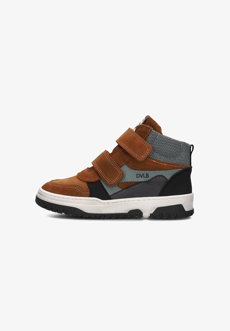 High-top sneaker with brown suede straps, blue and black panels, textured ankle collar, white sole, and black tread, side view.
