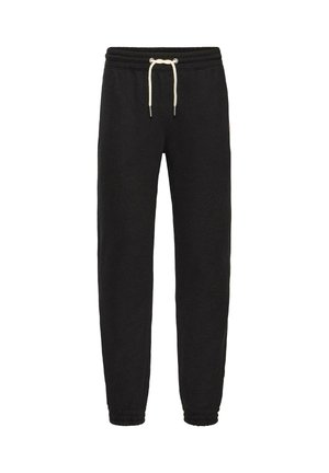 Crne trenirke od mekanog materijala, sa elastičnom trakom u struku i vezicom, te rebrastim manžetama. Nema vidljivih uzoraka ili akcenta.