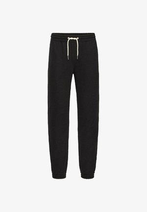 Svarte joggebukser laget av mykt stoff, med elastisk liv med snøring og ribbestrikkede mansjetter. Ingen synlige mønstre eller detaljer.