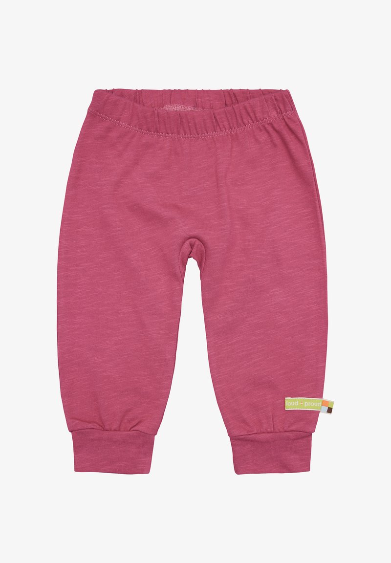 Rosa Baumwollhose mit weichem Stoff, elastischem Bund und gerippten Bündchen. Verfügt über ein kleines grünes Etikett mit "loud + proud" an der Seite.