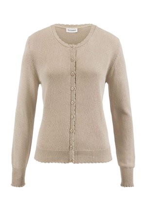 Beige, gebreide, lange mouwen, vest met knopen, ronde halslijn en geribbelde manchetten en zoom