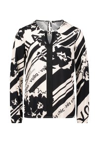 Sort og kremfarvet bluse med abstrakte blomsterprint og tekst, med rund halsudskæring, lange ærmer og central sømdetalje.