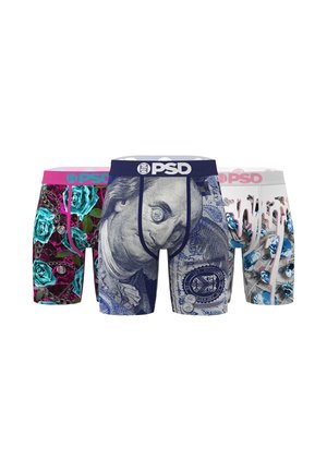 Drei Paare PSD-Boxershorts mit bunten Designs: türkisfarbene Rosen auf Pink, verzerrtes Benjamin Franklin auf Marineblau und schmelzende Diamanten auf Weiß.