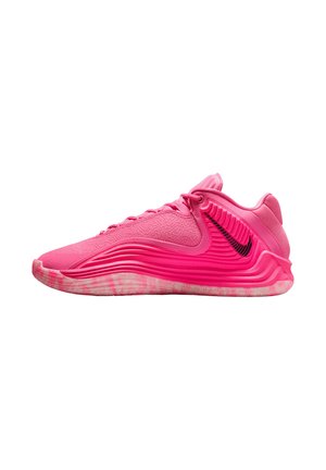 Pink athletic shoe with textured upper, curved design, and distinct lines. Features a lightweight sole with a gradient color effect.
