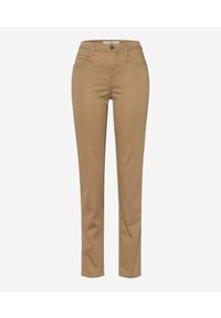 Pantalones beige ajustados con botón y cremallera en el frente, trabillas para cinturón y bolsillos delanteros y traseros, exhibidos sobre un fondo blanco.