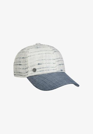 Baseball cap with white textured fabric crown featuring thin blue stripes and a solid blue curved brim.