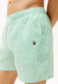 Bañador verde a rayas con cordón blanco, con bordado de "TOMMY HILFIGER" y un pequeño logo en rojo, blanco y azul.