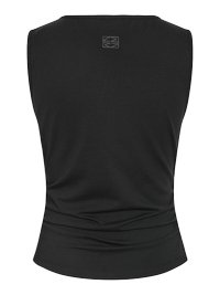Μαύρο αμάνικο τοπ με στρογγυλή λαιμόκοψη, ελαφριά ρυτίδωση στη μέση και μικρό γεωμετρικό λογότυπο στο κέντρο κοντά στον πίσω γιακά.
