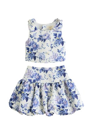 White sleeveless crop top and matching flared skirt with blue and purple floral pattern for girls.