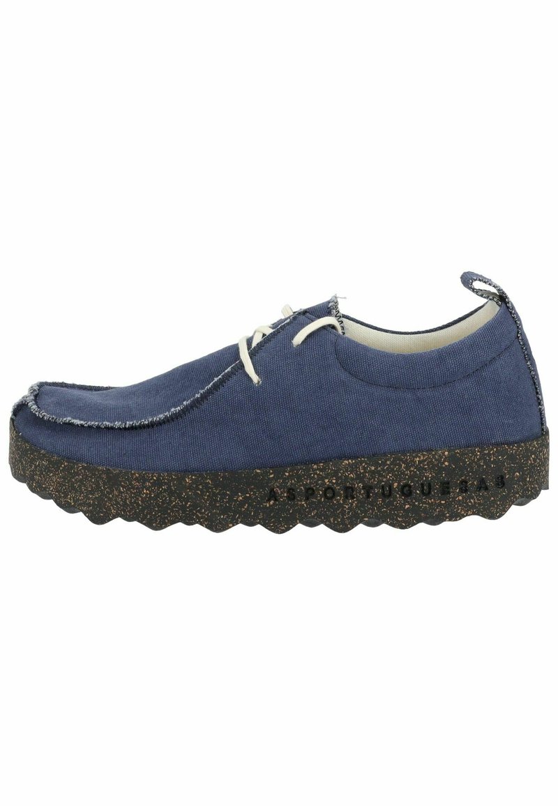 Scarpe di tela blu navy con suola nera a trama e macchie, dotate di lacci bianchi e un bordo sfrangiato lungo la parte superiore per uno stile casual.