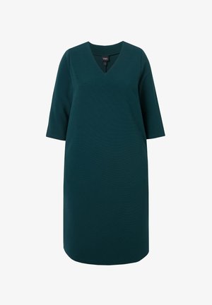 Teal blauwe jurk met een V-hals, driekwart mouwen en een relaxte pasvorm. Gemaakt van een gestructureerde stof met een gladde afwerking.