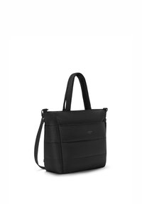 Geantă tote neagră căptușită, cu două mânere scurte și o curea de umăr detașabilă, formă dreptunghiulară și un detaliu subtil cu buzunar frontal.