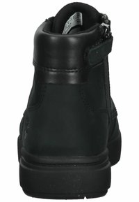 Black leather ankle boot with a smooth texture, round toe, side zipper, and sturdy rubber sole for durability.