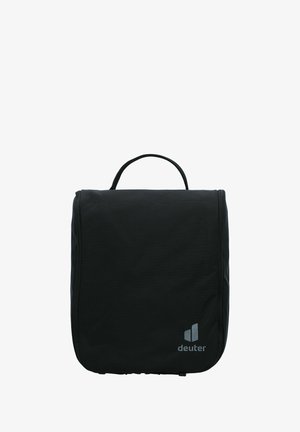 Black, rectangular travel toiletry bag with a top handle, featuring a sleek design, zipper closure, and a small logo at the bottom corner.