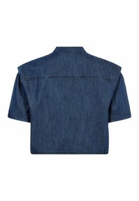 Sötétkék farmer rövid ujjú ing. Klasszikus gallérral, egyenes szegéllyel és strukturált vállakkal rendelkezik, tiszta hátoldali dizájnnal.