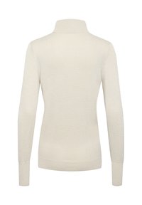 Helle cremefarbene, langärmlige Sweater mit hohem Kragen. Aus weichem Material gefertigt, mit glatter Textur und taillierter Passform.