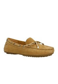 Veloursleder-Mokassinschuhe in Tan, mit einer gebundenen Lederkordel, genähten Details und einer Gummisohle mit runden Traktionspunkten.