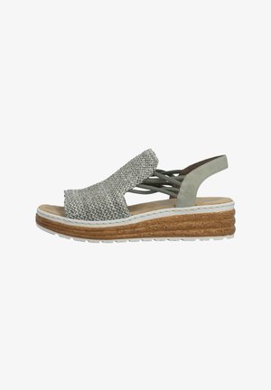 Graue, gewebte Keilsandale für Damen mit korkstrukturierter Plateau-Sohle und elastischen Rückriemen für sicheren Sitz.