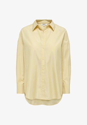 Kollane pika varrukaga nööbitav särk õhukeste vertikaalsete siniste triipudega, terava krae ja ümarate servadega, valgel taustal.