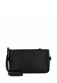 Bolso cruzado de cuero negro con superficie texturizada, forma rectangular elegante, correa ajustable y logotipo sutil en la parte frontal.