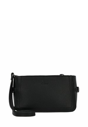 Bolso cruzado de cuero negro con superficie texturizada, forma rectangular elegante, correa ajustable y logotipo sutil en la parte frontal.