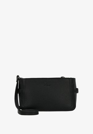 Schwarze Ledertasche als Umhängetasche mit strukturierter Oberfläche, schlanker rechteckiger Form, verstellbarem Tragegurt und dezentem Logo auf der Vorderseite.