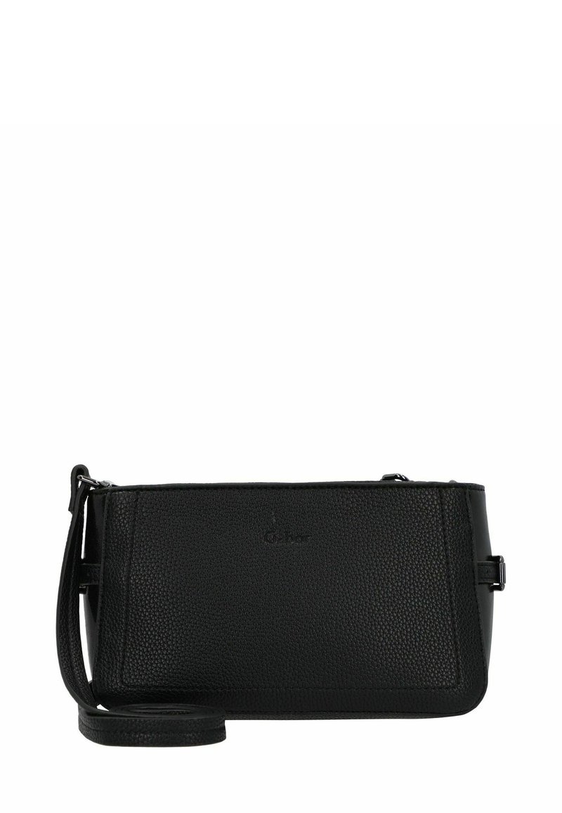 Bolso cruzado de cuero negro con superficie texturizada, forma rectangular elegante, correa ajustable y logotipo sutil en la parte frontal.