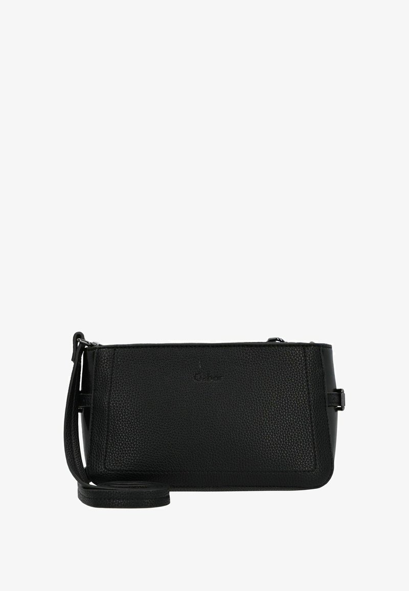 Bolso cruzado de cuero negro con superficie texturizada, forma rectangular elegante, correa ajustable y logotipo sutil en la parte frontal.