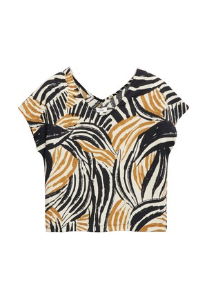 Krótki top z dekoltem w kształcie litery V, z abstrakcyjnym wzorem falistych pasków w kolorach czarnym, białym i musztardowym na lekkim materiale.
