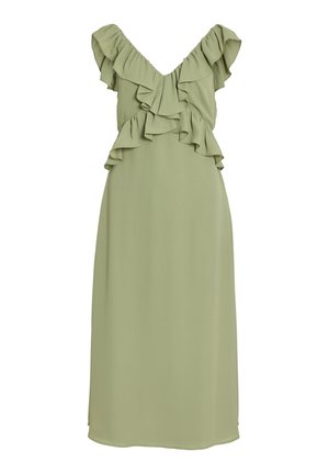 Zsálya zöld ruha fodros ujjakkal és réteges fodrokkal a felsőrészen. Sima anyag, térd felett érő, V-nyakú dizájn.