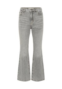 Jean denim gris taille haute avec jambes évasées, fermeture par bouton et zip à l'avant, et design à cinq poches.