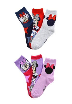 Six colorful socks featuring Minnie Mouse faces and silhouettes, with red bows and star patterns in navy, red, gray, purple, and pink.