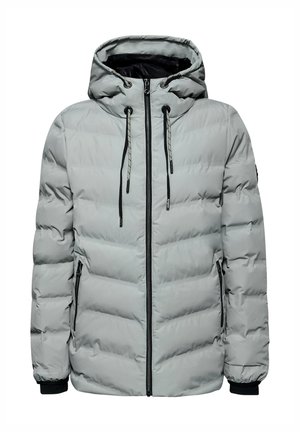 Světlounce šedá péřová bunda s kapucí, zapínáním na zip vpředu, dvěma bočními zipy a elastickými manžetami. Má prošívaný design a stahovací šňůrky.