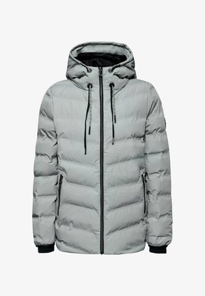 Giacchetto imbottito grigio chiaro con cappuccio, chiusura a cerniera frontale, due cerniere laterali e polsini elastici. Presenta un design trapuntato e cordini regolabili.