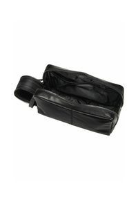 Nero borsa da toiletta in pelle con chiusura a zip, caratterizzata da una texture liscia, forma rettangolare e un ampio interno con più scomparti.