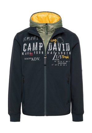 Marineblaues Jackett mit Reißverschluss, grün- und gelbgesäumter Kapuze und bedrucktem Text auf der Vorderseite. Verfügt über zwei seitliche Taschen und gerippte Bündchen.