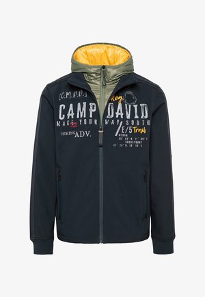 Marineblaues Jackett mit Reißverschluss, grün- und gelbgesäumter Kapuze und bedrucktem Text auf der Vorderseite. Verfügt über zwei seitliche Taschen und gerippte Bündchen.