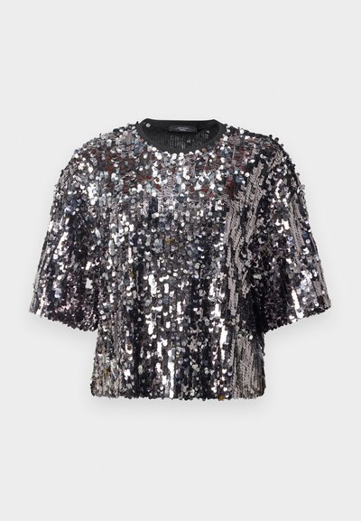 Kurzärmeliges Oberteil aus paillettenbesetztem Stoff in Schwarz und Silber, mit rundem Ausschnitt und lockerer Passform. Reflektierende Oberfläche mit strukturierter Optik.