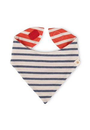 Striped baby bib with blue and white horizontal stripes, red and white striped neck flaps, and a small fabric tag on the side.