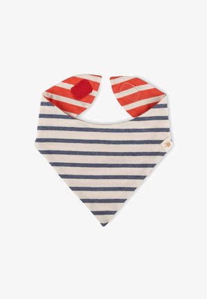 Striped baby bib with blue and white horizontal stripes, red and white striped neck flaps, and a small fabric tag on the side.