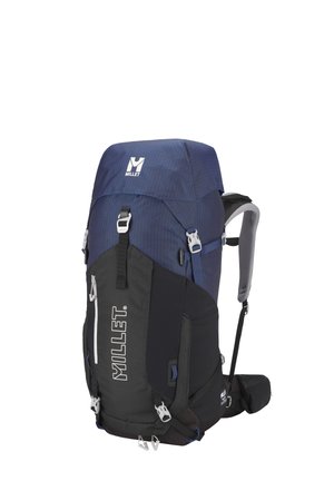 Blauer und schwarzer Wanderrucksack mit strukturiertem Design, verstellbaren Tragegurten und vorderer Reißverschlusstasche. Mit Logo und Kompressionsschnallen ausgestattet.