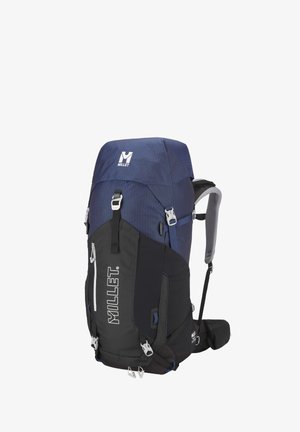 Blue and black hiking backpack with a structured design, adjustable straps, and front zip pocket. Features logo and compression buckles.