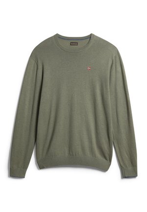 Maglione verde oliva realizzato in un morbido tessuto a maglia. Presenta un collo rotondo e maniche lunghe. Piccolo emblema con una bandiera sul petto.