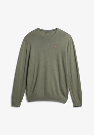 Maglione verde oliva realizzato in un morbido tessuto a maglia. Presenta un collo rotondo e maniche lunghe. Piccolo emblema con una bandiera sul petto.