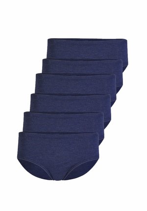 Six pairs of dark blue women's cotton briefs stacked in a staggered arrangement on a white background.