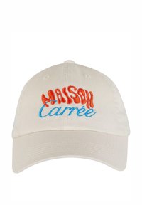 Căciulă de baseball din bumbac bej, cu broderie "MAISON" în roșu și "Carrée" în albastru deschis. Bor alungit și curea ajustabilă la spate.