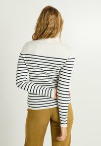 Pull à col roulé rayé blanc et marine. Texture côtelée, coupe slim. Manches longues avec rayures contrastantes. Porté avec un pantalon marron.