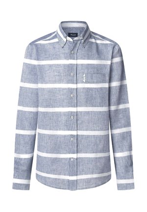 Koszula z długim rękawem w niebieskim lnianym materiale w białe poziome paski. Posiada kieszeń na lewym sercu oraz klasyczny krój kołnierza. Regularny krój.