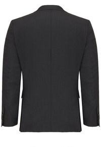 Schwarze Anzugjacke mit glatter, feiner Textur, strukturierten Schultern, Schlitze hinten und mit Knöpfen an den langen Ärmeln.