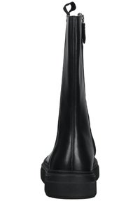 Black leather ankle boot with a smooth finish, zipper closure, and textured sole. Features a pull tab at the back for ease of wear.